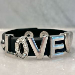 Vintage BCBGeneration Rhinestone Embellished Spell-out LOVE Leather Bracelet Sil